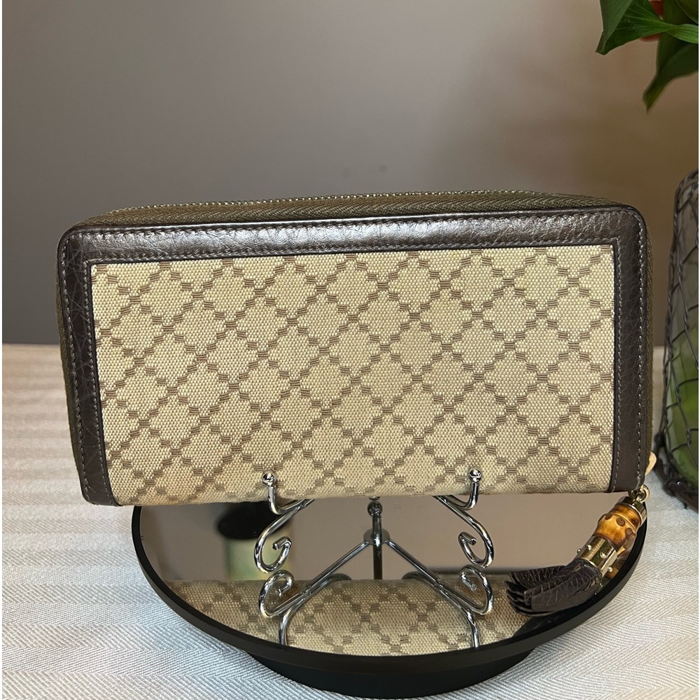 GUCCI Diamante Bamboo Canvas Long Zippy Wallet with Bronze Leather Trim